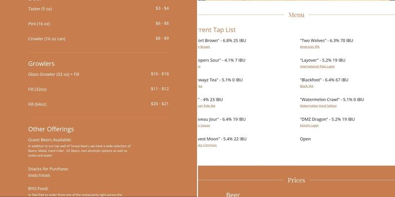 Tanasi Brewing & Supplies Menu