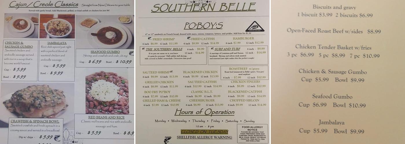 Southern Belle Creole Menu