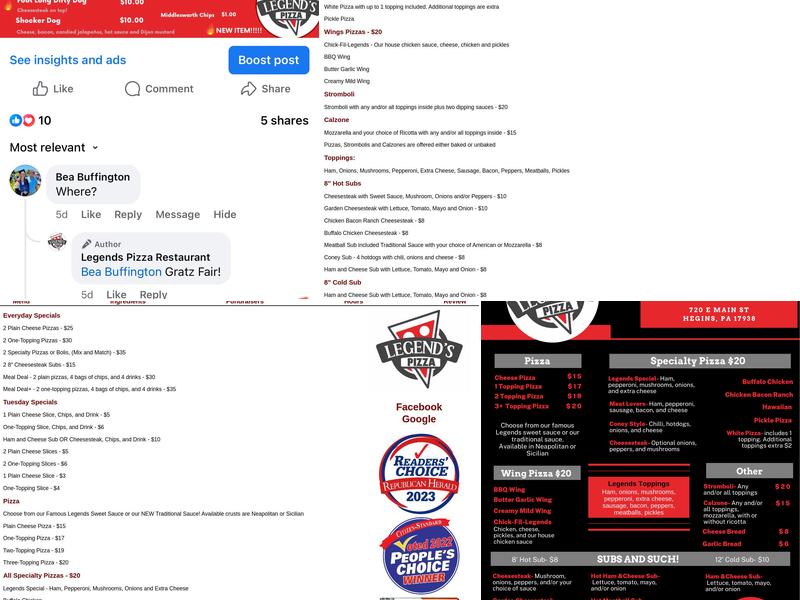 Legends Pizza Restaurant Menu