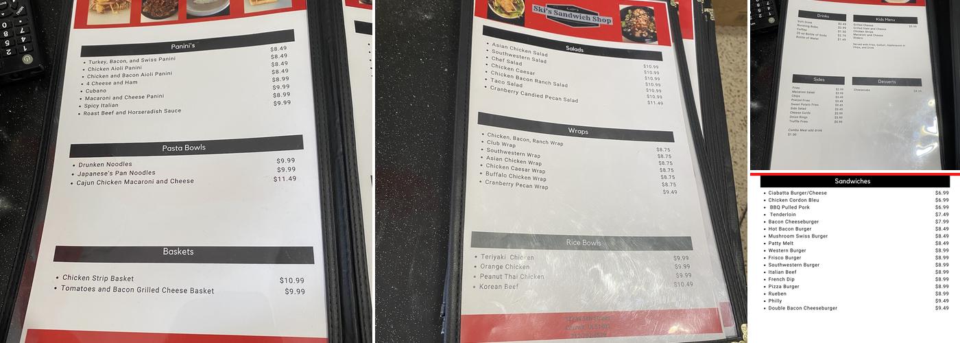 Ski’s Sandwich Shop Menu