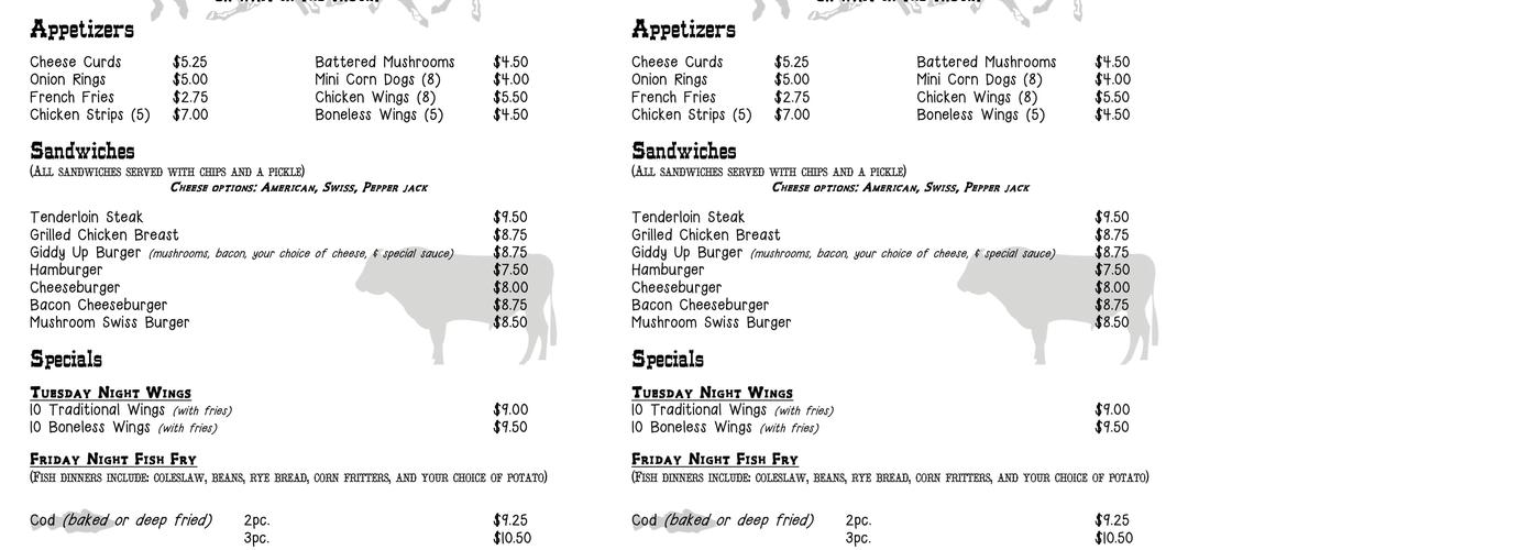 Giddy Up Bar and Grill Menu