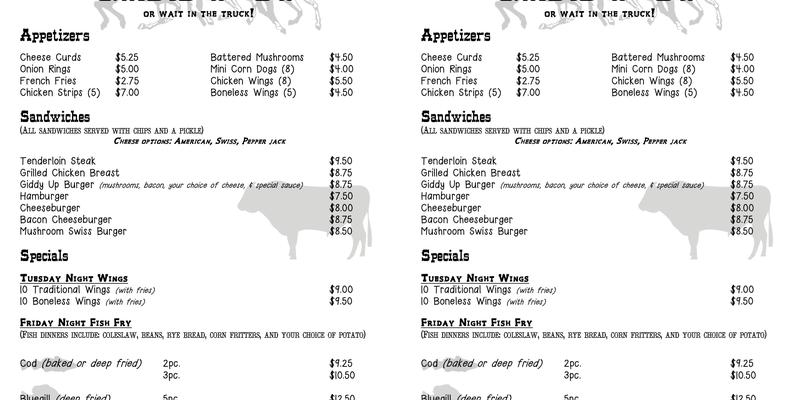 Giddy Up Bar and Grill Menu