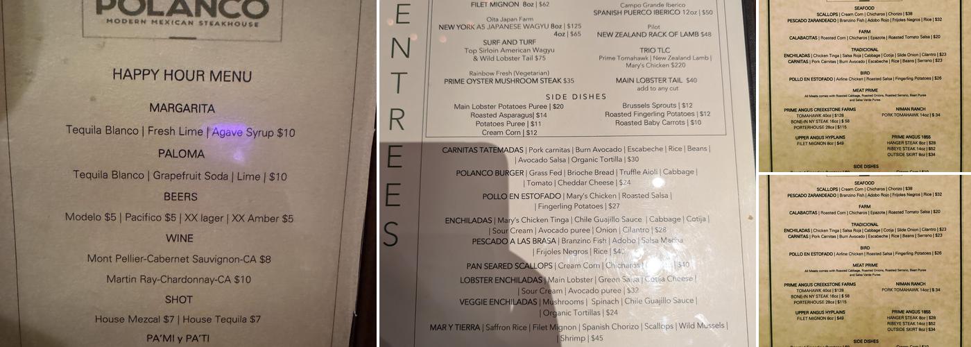 Polanco Modern Mexican Steakhouse Menu