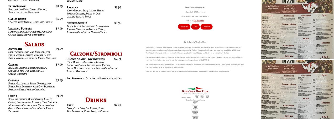 Fratelli Pizza Liberty Hill Menu