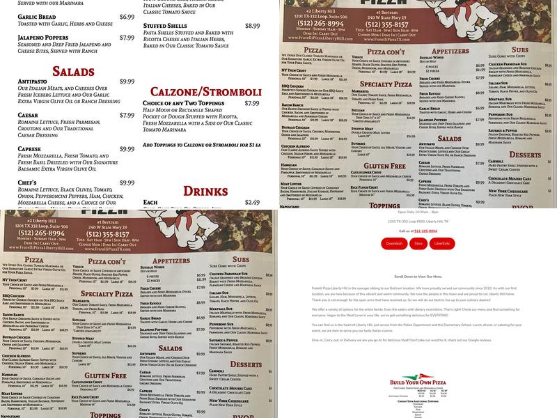 Fratelli Pizza Liberty Hill Menu