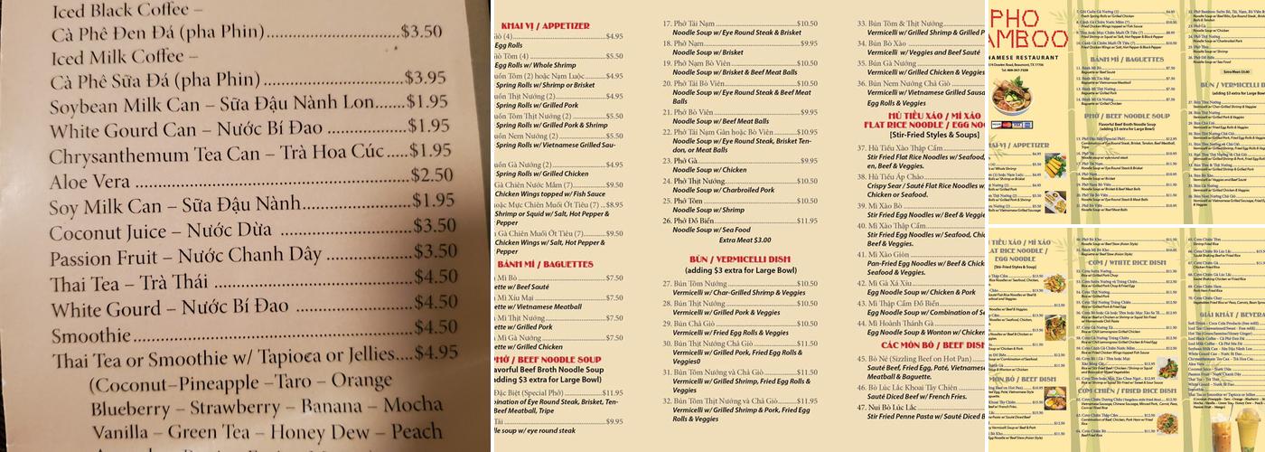 Pho BamBoo Menu