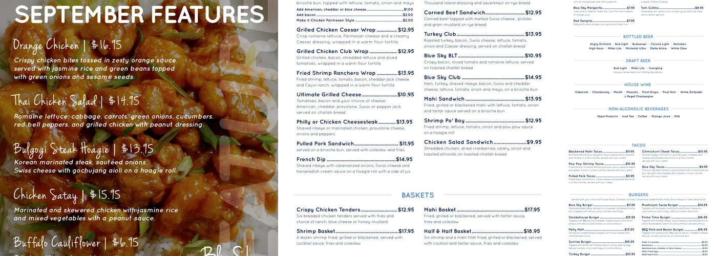 BlueSky Bar & Grill Menu