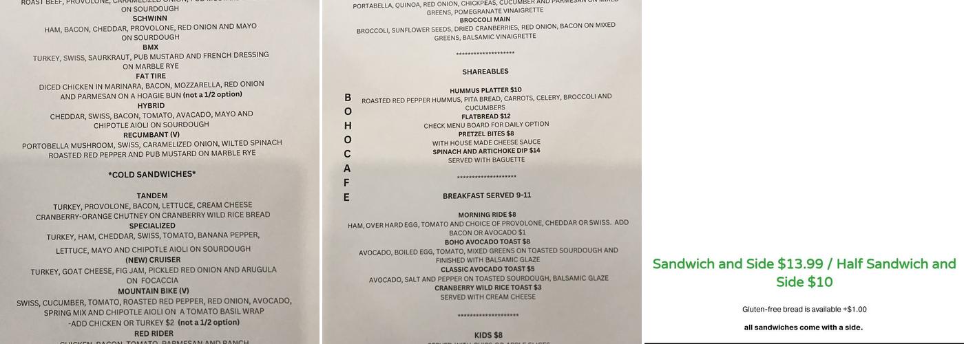 BoHo Cafe Menu