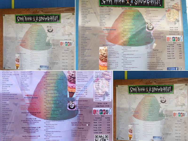 Cool Kids Snowball's Menu