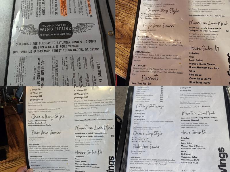 Young Harris Wing House Menu