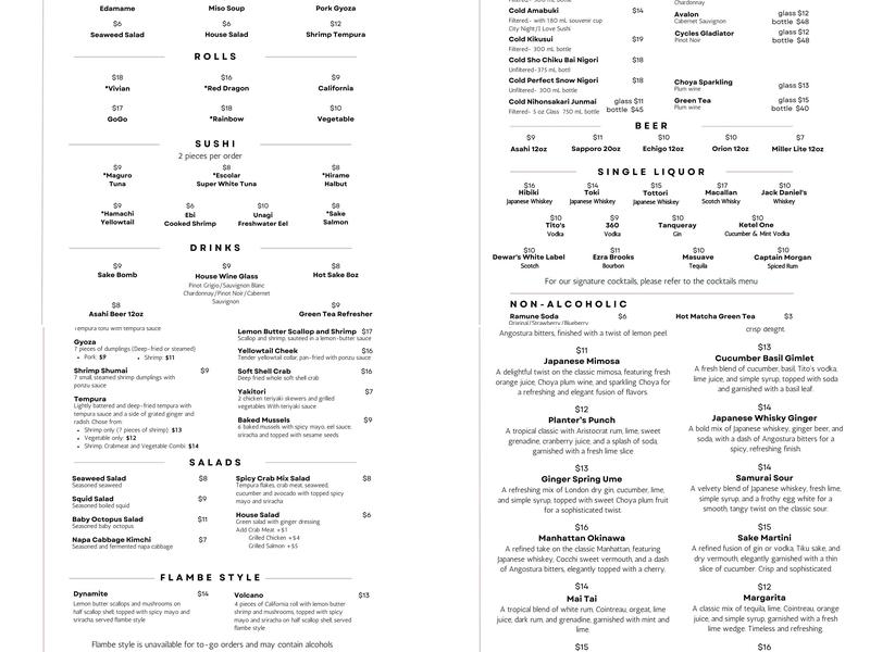 Brookside Sushi Menu