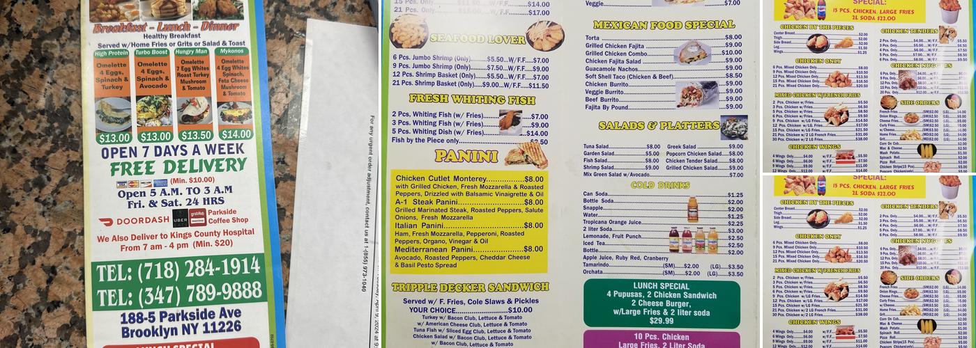 Parkside Coffee Shop Menu