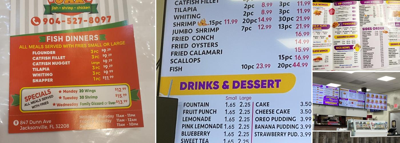 Jax Fish Shrimp and Chicken Menu