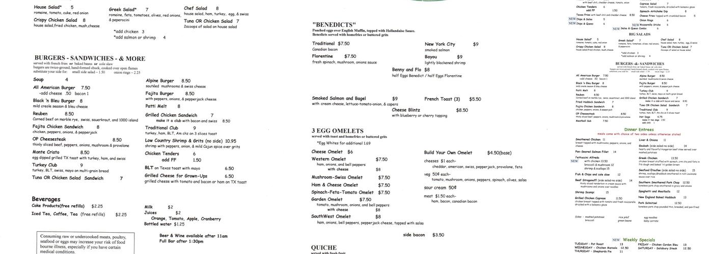 Yesterdays Restaurant Menu