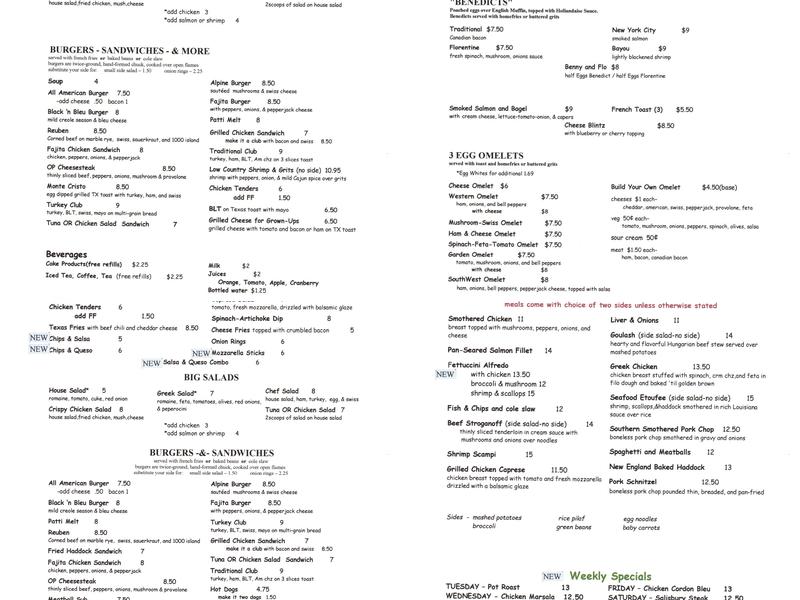 Yesterdays Restaurant Menu