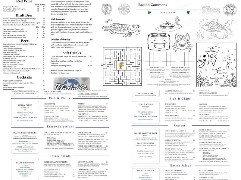 Boston Commons Menu