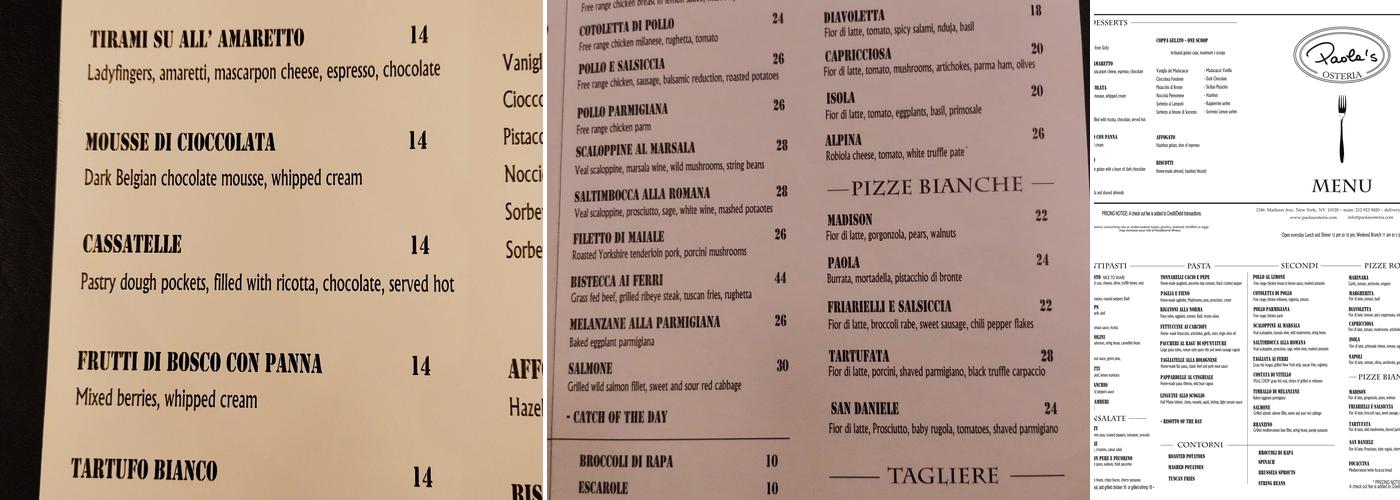 Paola's Osteria Menu