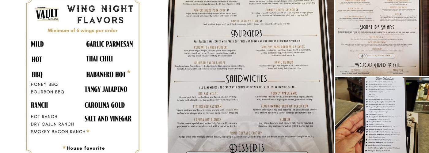 Cadence Vault Gastropub Menu
