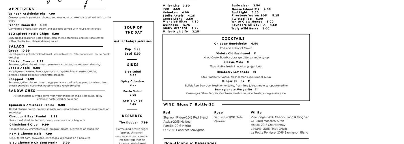 Violet's Gaming Pub Menu
