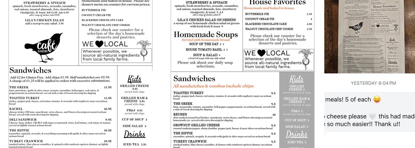 Cafe Blackbird Menu