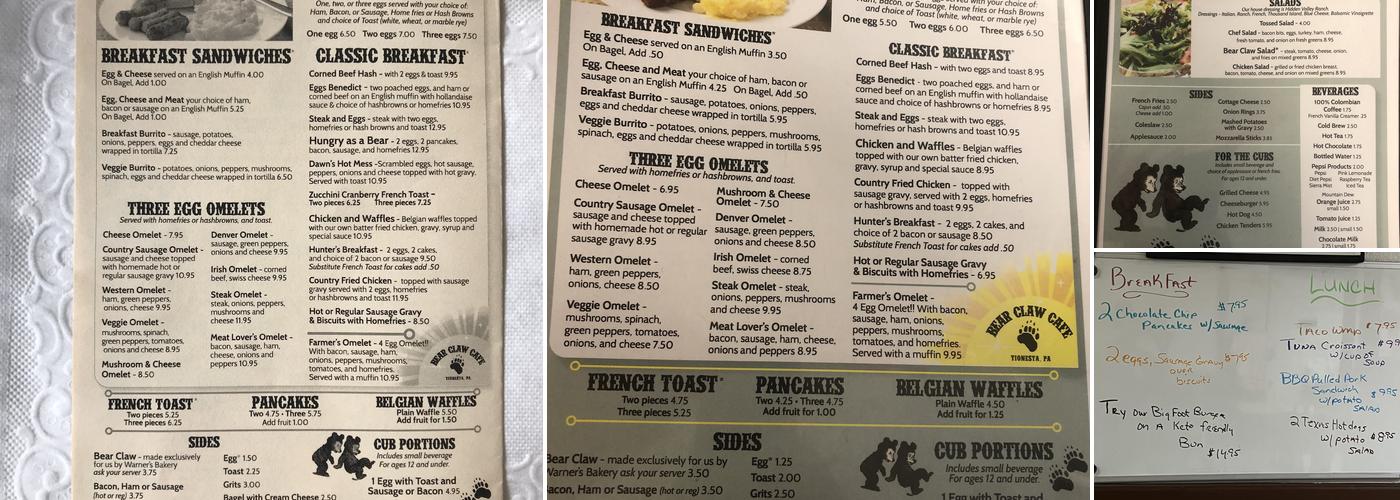 The Bear Claw Cafe Menu