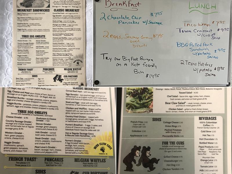 The Bear Claw Cafe Menu