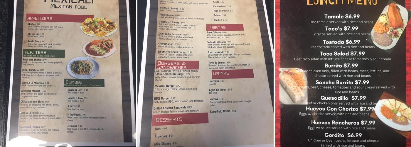 Mexicali Menu