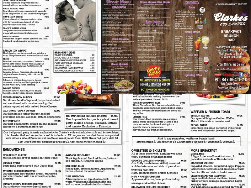 Clarke's off Campus Menu