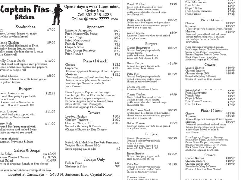 Captain Fins Snack Shack Menu