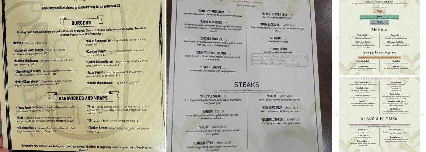 Jack's Cabin Menu
