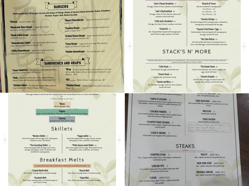 Jack's Cabin Menu
