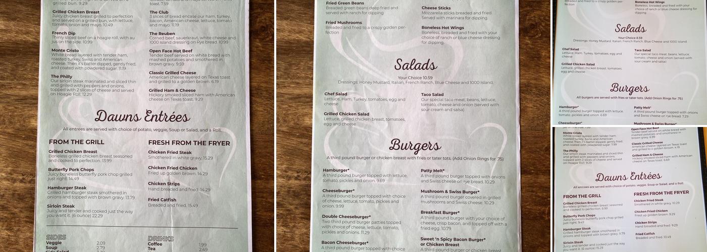 Dawns Place Cafe on Texanna Menu