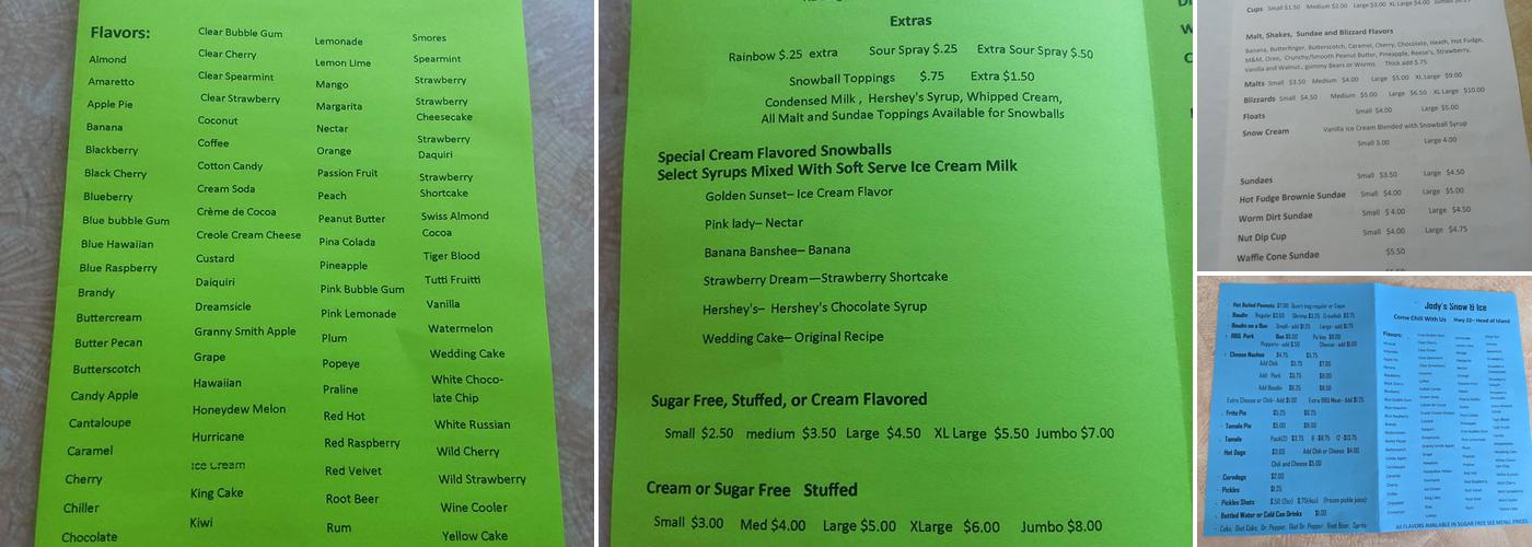 Jody's Snowballs Menu