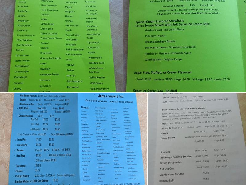 Jody's Snowballs Menu