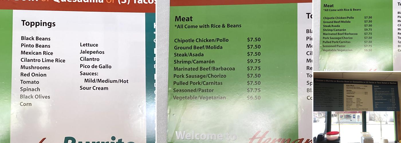 Hernandez Burrito Menu