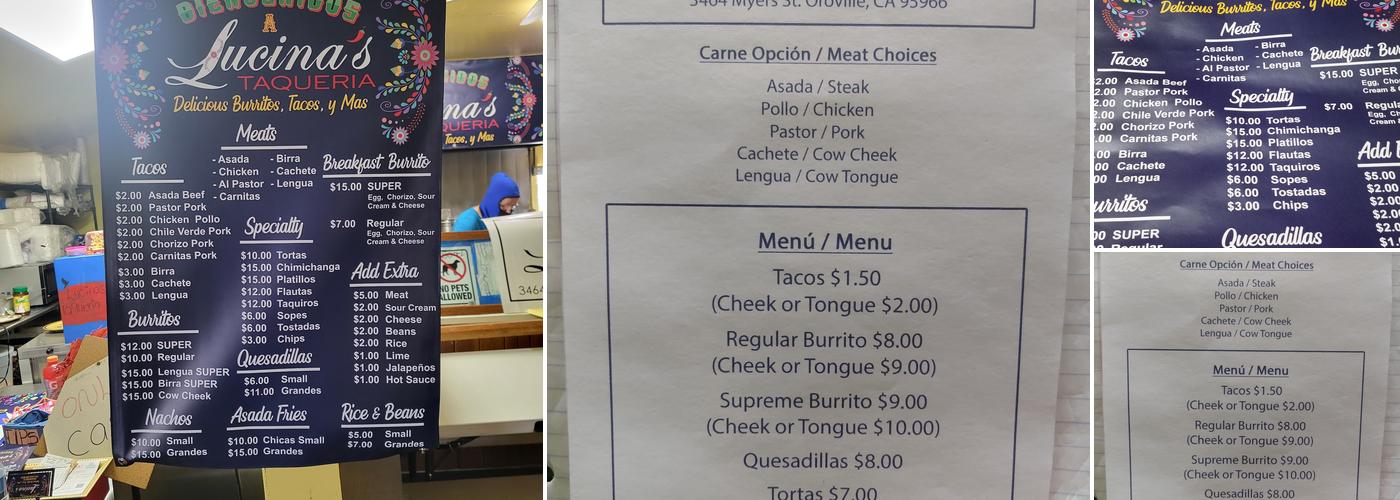 Lucinas Taqueria Menu