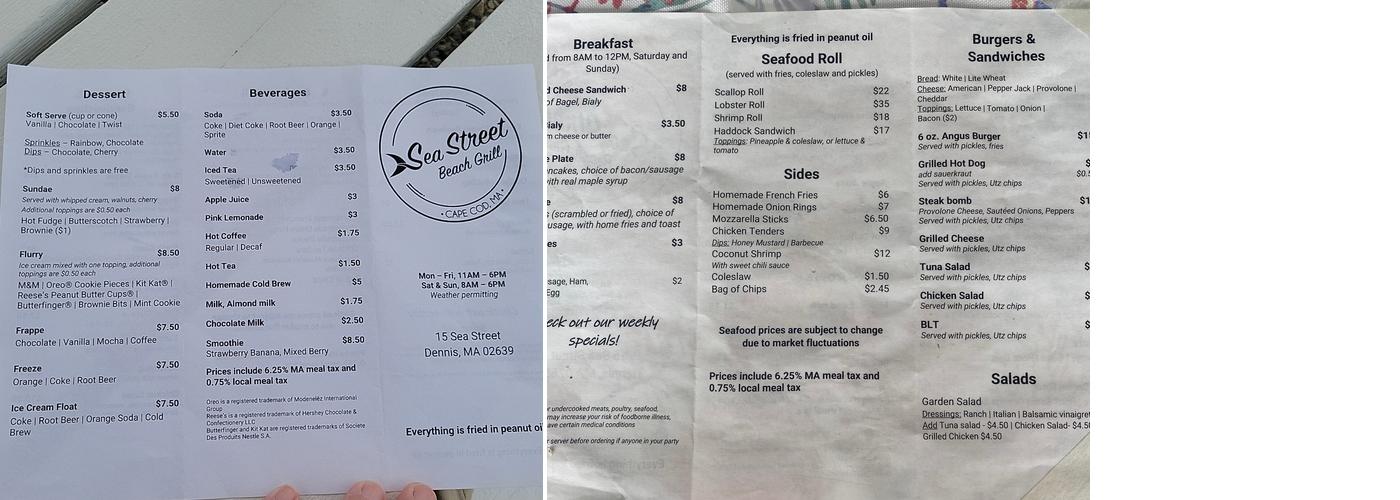 Sea Street Beach Grill Menu