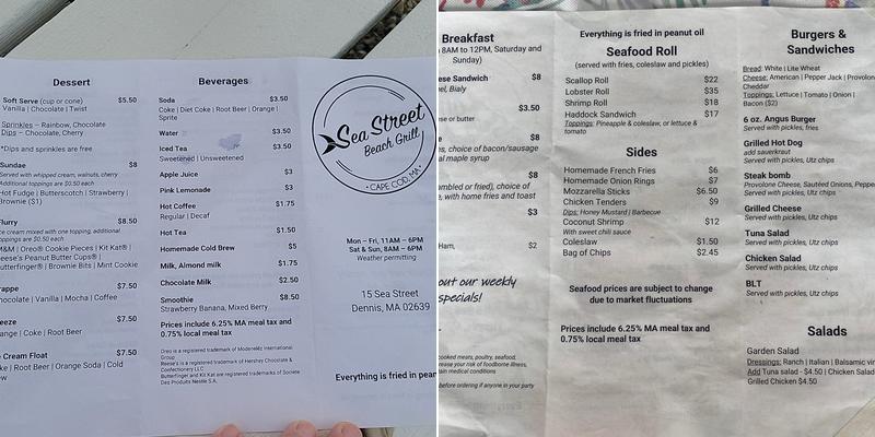 Sea Street Beach Grill Menu