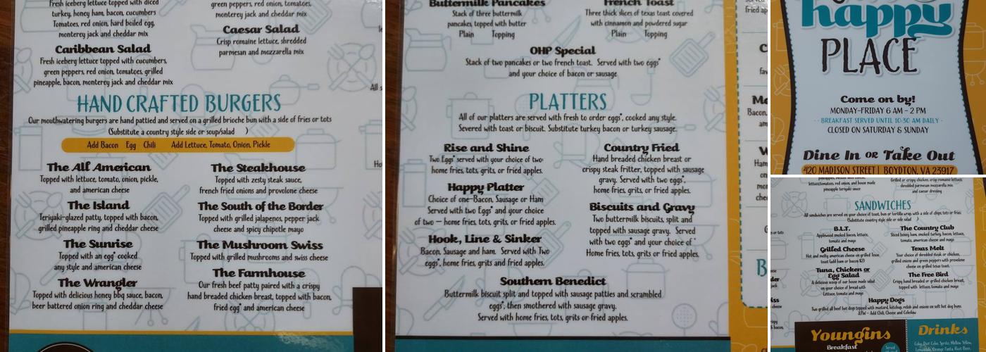 Our Happy Place Menu