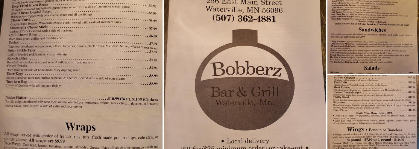 Bobberz Bar and Grill Waterville MN Menu