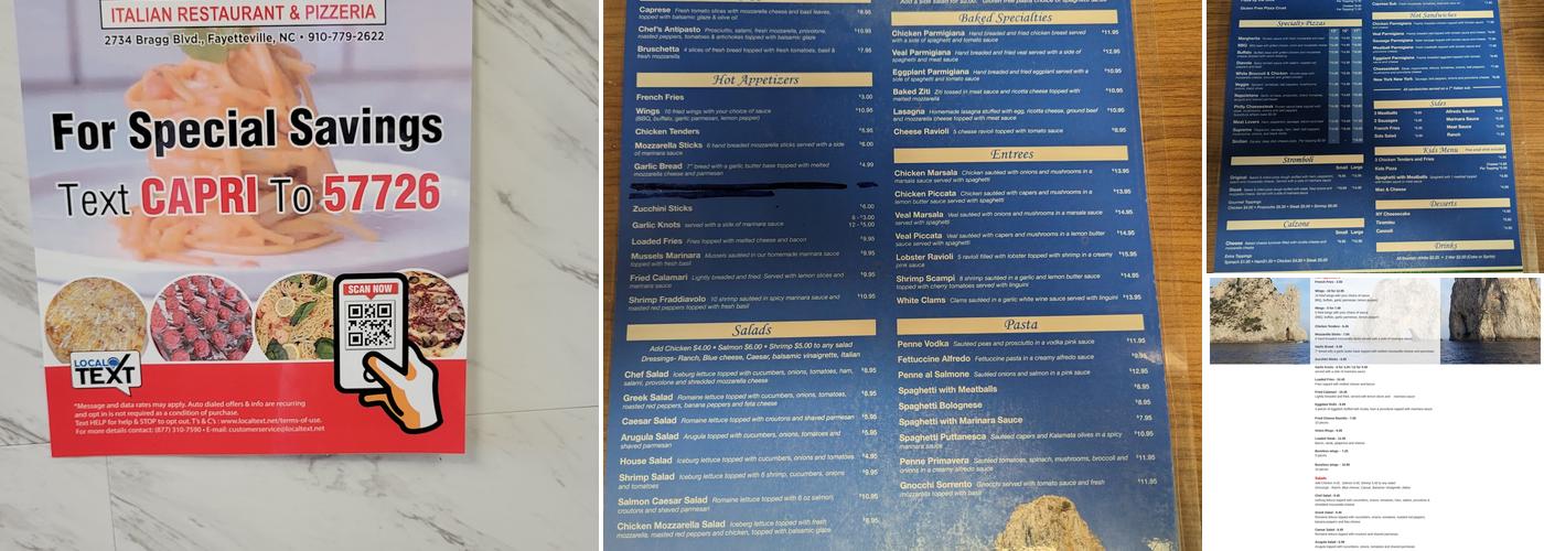 Capri Italian Restaurant & Pizzeria Menu