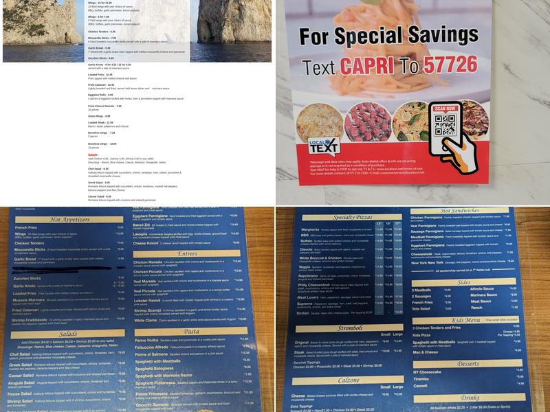 Capri Italian Restaurant & Pizzeria Menu