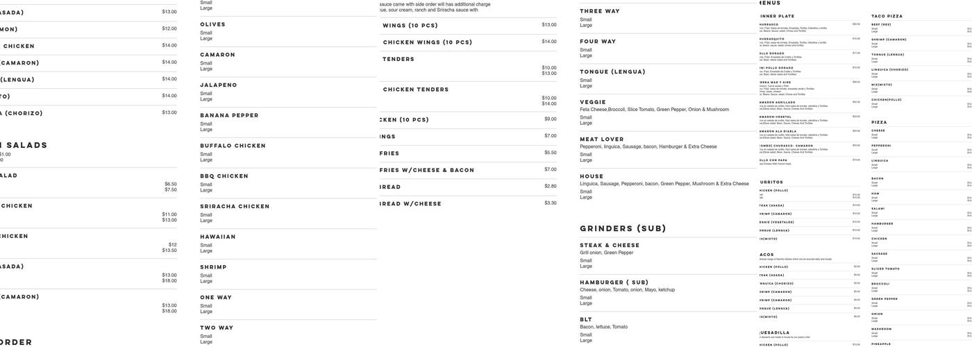 Quino's Pizza, Tortilleria and Spanish Food Menu