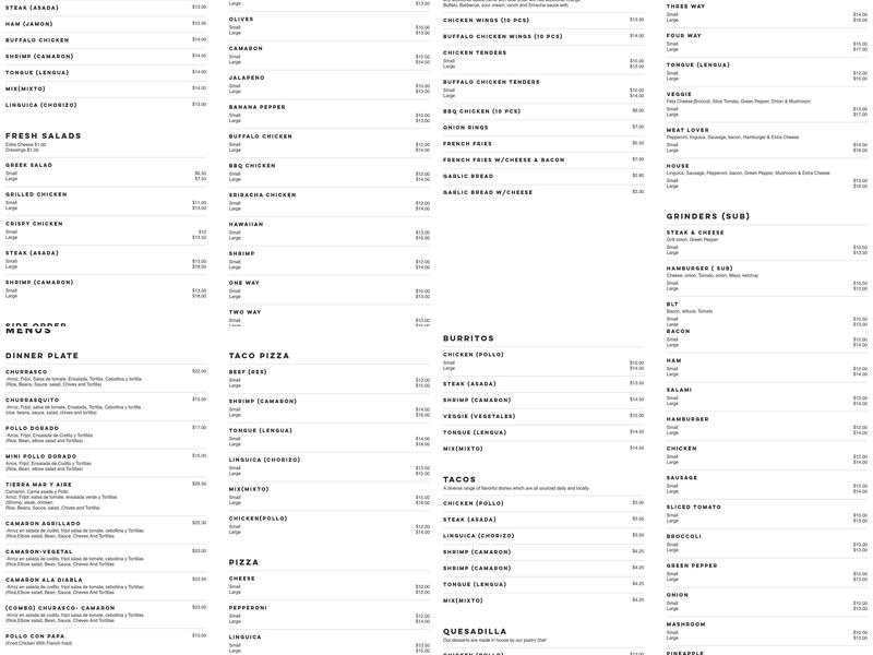 Quino's Pizza, Tortilleria and Spanish Food Menu
