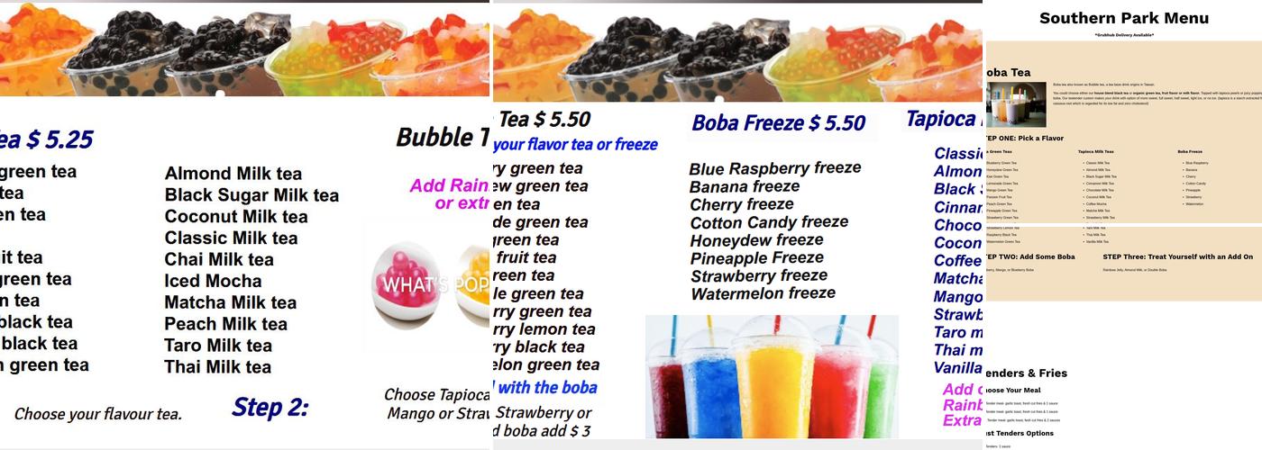 Bobba tea and Eats Menu