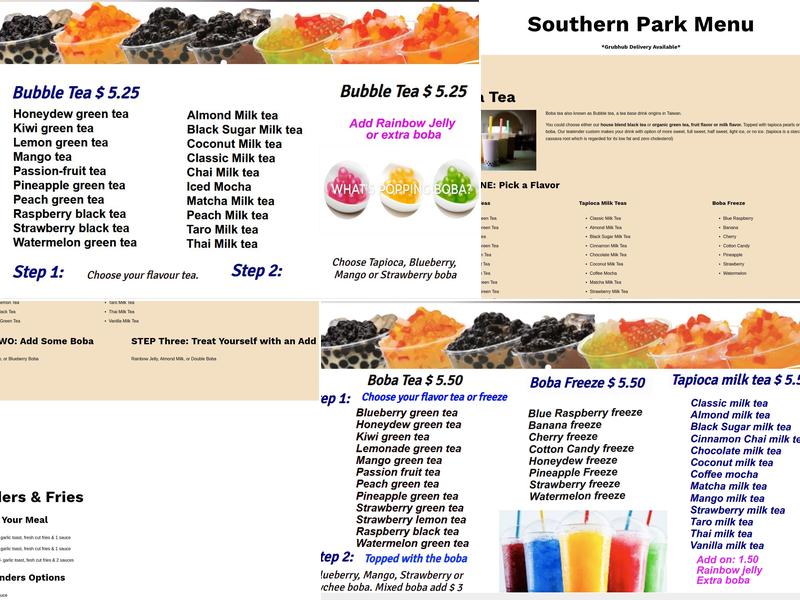 Bobba tea and Eats Menu