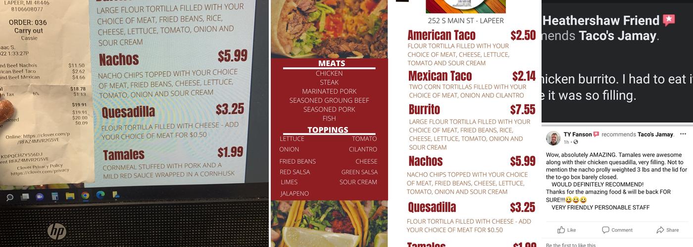 Taco's Jamay Menu
