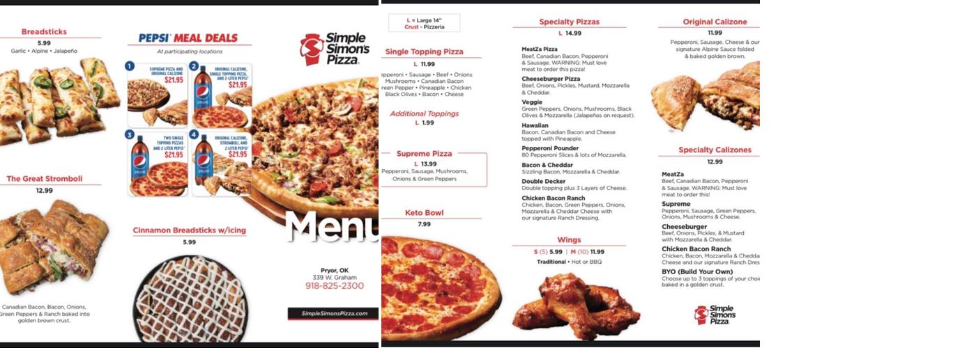 Simple Simon's Pizza Menu