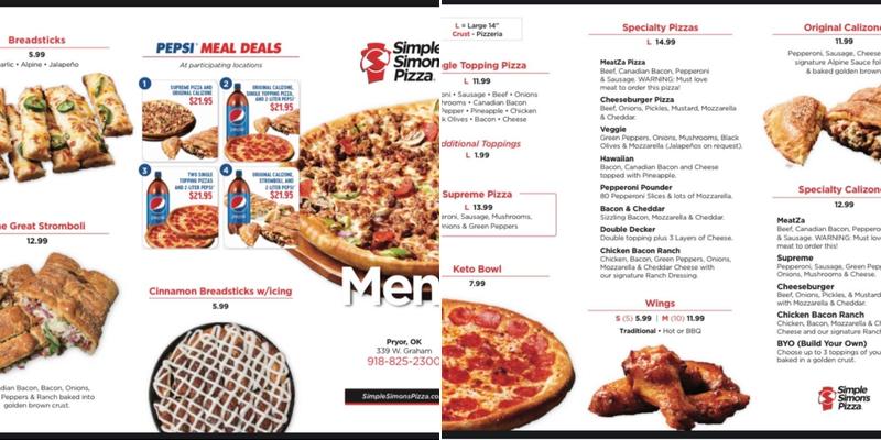 Simple Simon's Pizza Menu