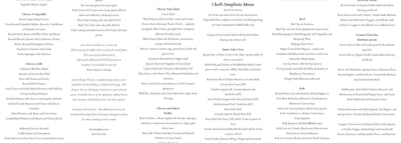 Doorstep Diner Catering Menu